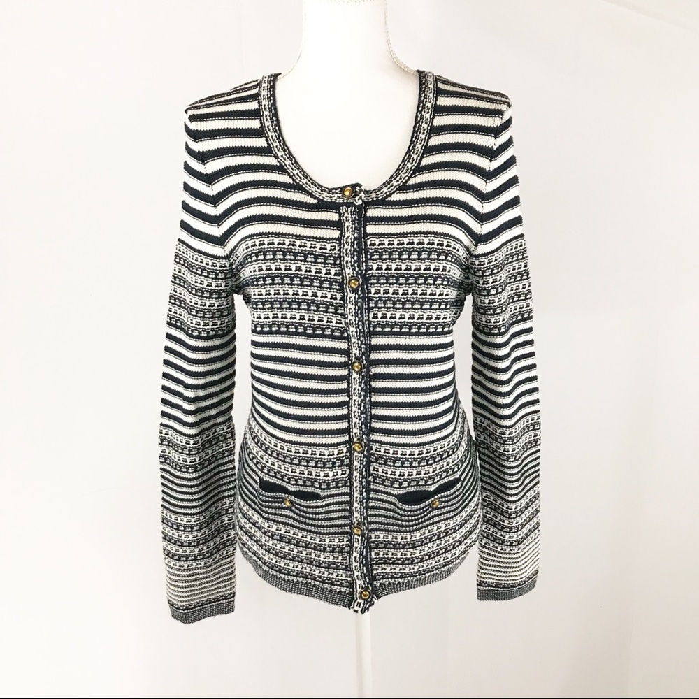 Trina Turk Navy and Off White Striped Cardigan